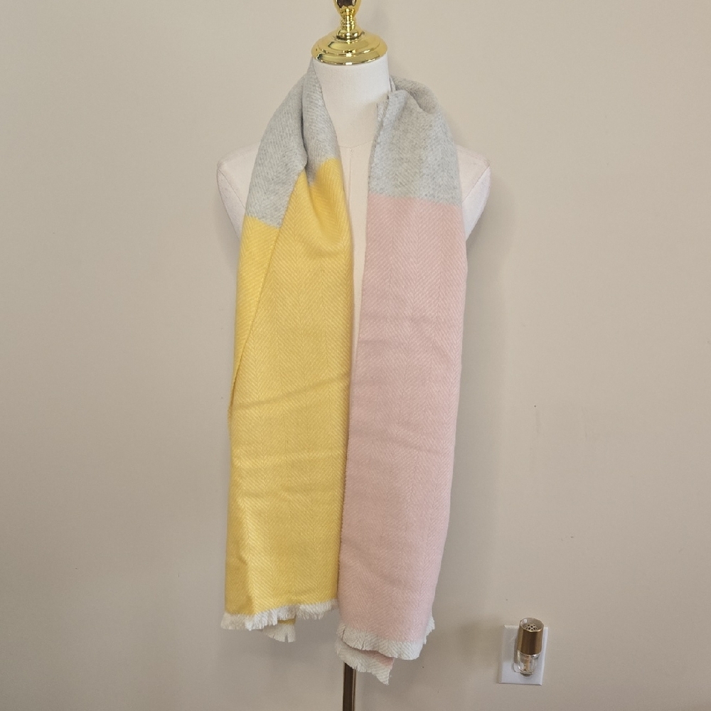 Boden‎ Wool Scarf Pink Yellow Grey Colorblock Wrap Soft Winter Academia Preppy